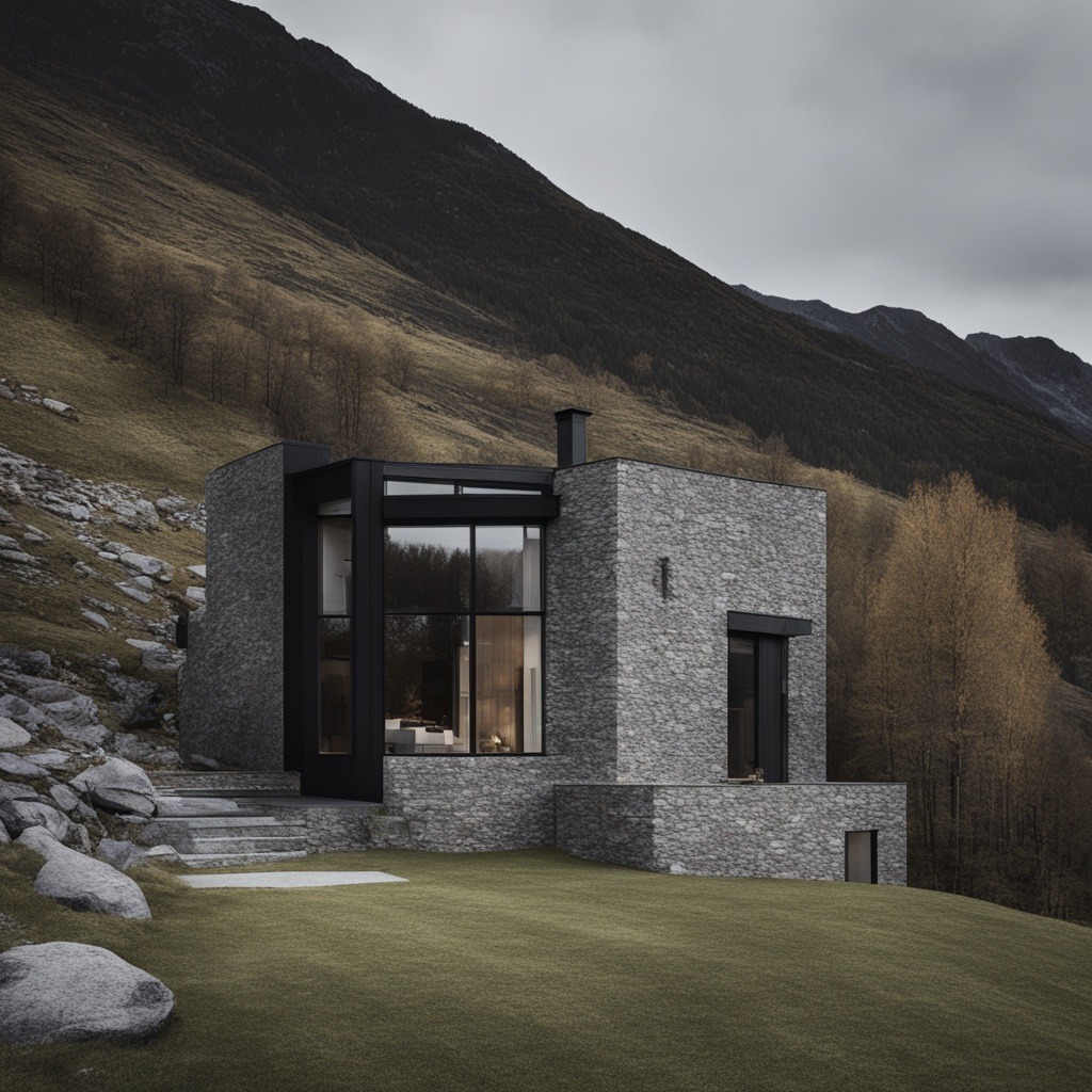 House exterior_scandinavian_Stone_Moody_Villa_black_right next to mountain_1725_genIm Embedded Architecture
