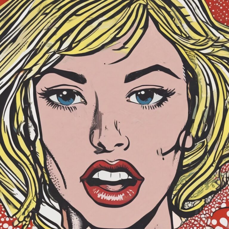 Illustration im Pop-Art-Stil einer Frau mit markanten Gesichtszügen, darunter kräftige rote Lippen und leuchtend gelbes Haar, vor einem gepunkteten Hintergrund.