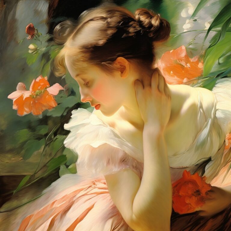 Young woman in a pale ruffled dress resting her head, coral blossoms behind her