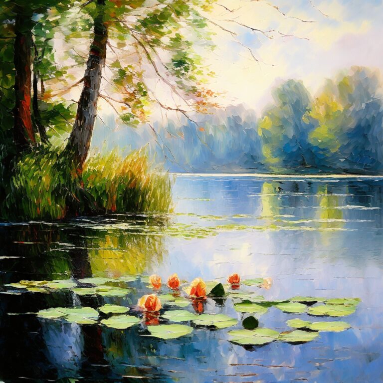 Impressionist lake with orange water lilies beneath overhanging trees