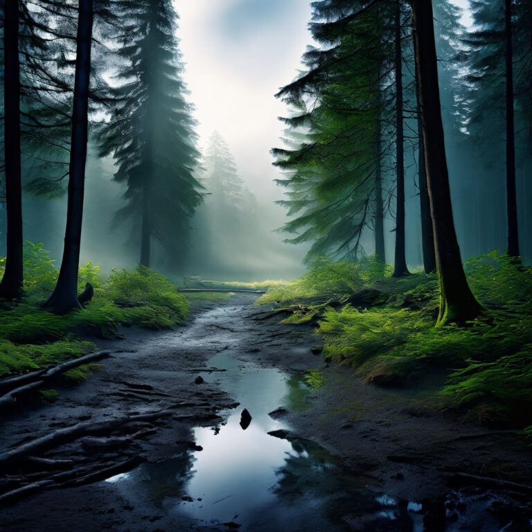 Misty spruce forest with a waterlogged track reflecting the sky