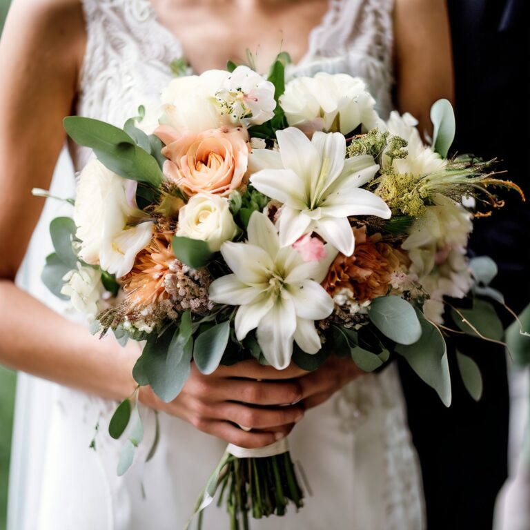 Bride holding a bouquet of white lilies, roses and eucalyptus