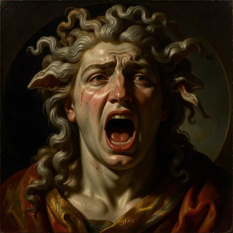 Baroque oil painting of a screaming Medusa with serpents in her grey hair