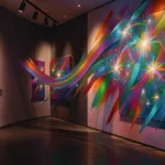 Contemporary art gallery with vibrant AI-generated abstract paintings under spotlights
