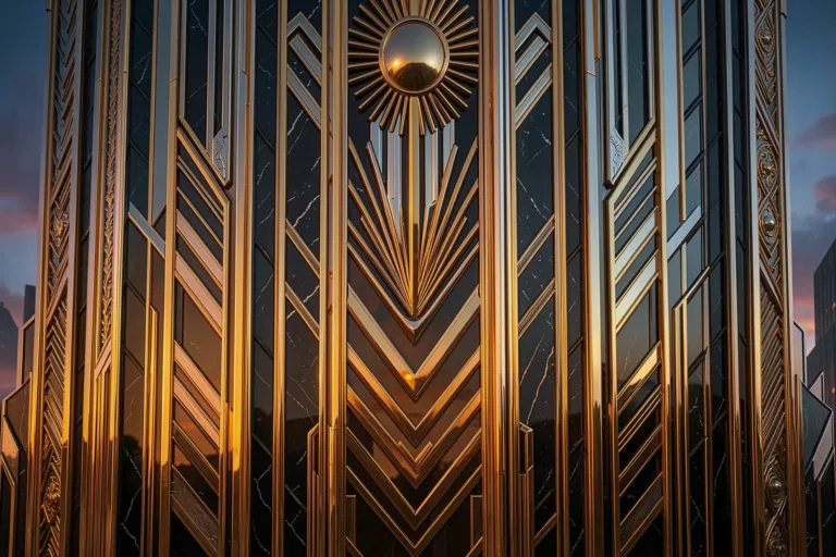 AI-reimagined Art Deco skyscraper facade with golden chevrons, sunburst motif and black marble at dusk
