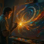 Painter at a glowing canvas dissolving into digital brushstrokes, AI as an art medium
