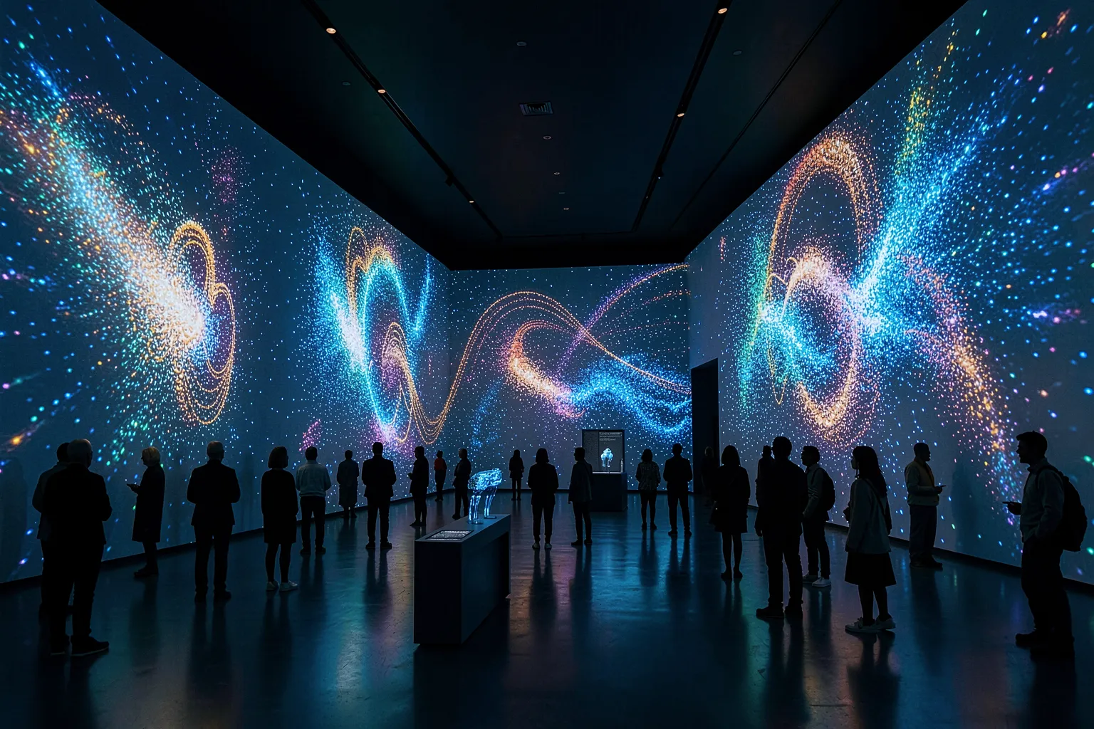 Immersive AI art museum interior with luminous digital projections