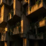 Reimagined Brutalist building in concrete softened by hanging gardens and golden light
