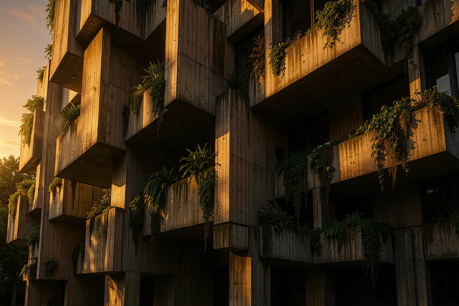 Reimagined Brutalist building in concrete softened by hanging gardens and golden light