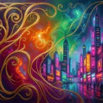 Two art movements fusing on one canvas, Art Nouveau linework merging into a neon cyberpunk cityscape