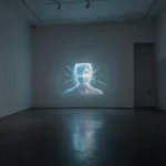 Empty Venice Biennale gallery with a single glowing AI-generated face on screen