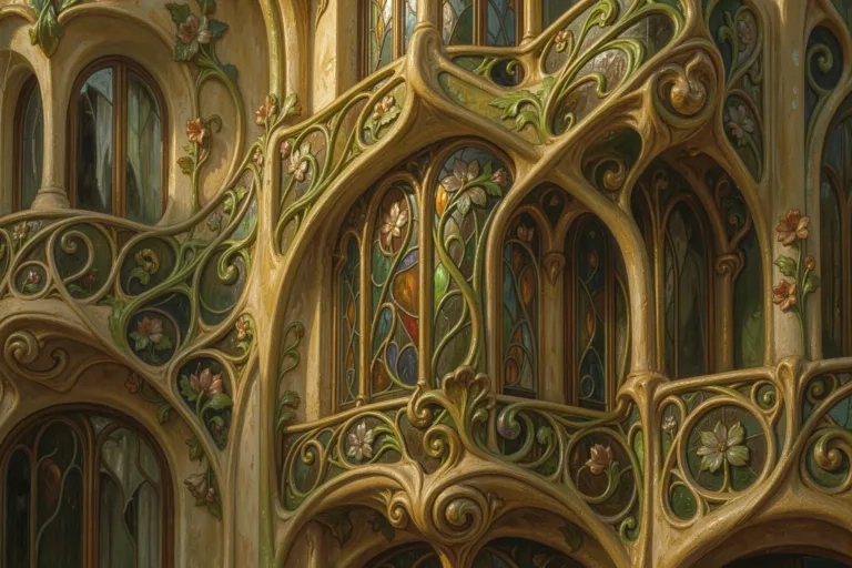AI-reimagined Art Nouveau building facade with ornate wrought-iron whiplash curves and stained glass