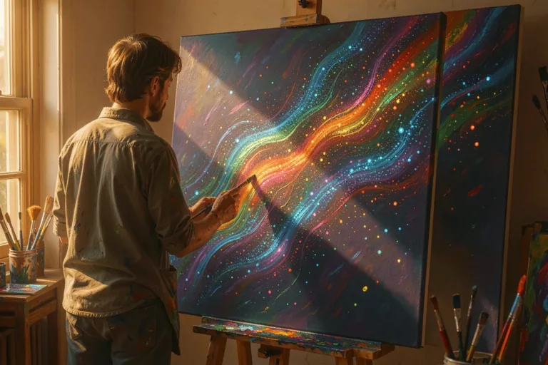 Painter before a canvas dissolving into streams of generative digital light