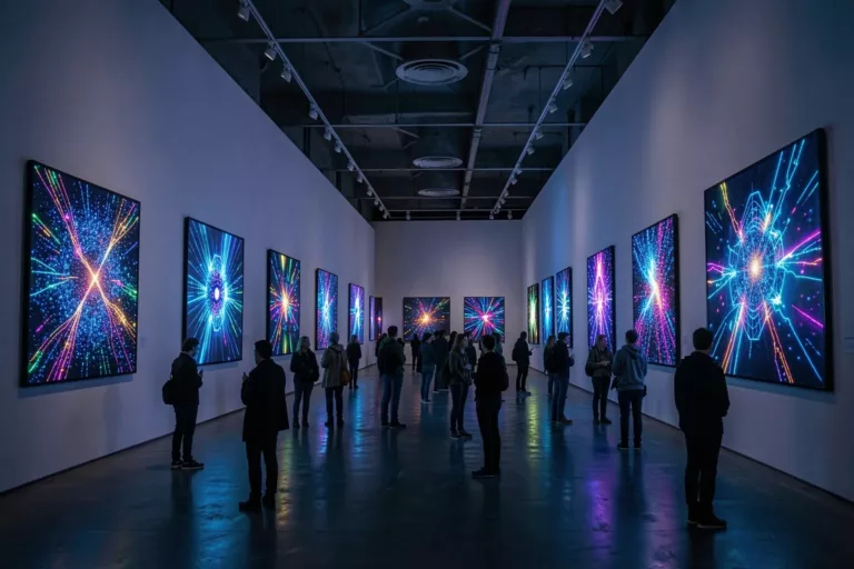 A contemporary museum gallery devoted to glowing AI-generated artworks