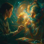 Generative artist sculpting a luminous painting inside a swirling latent space
