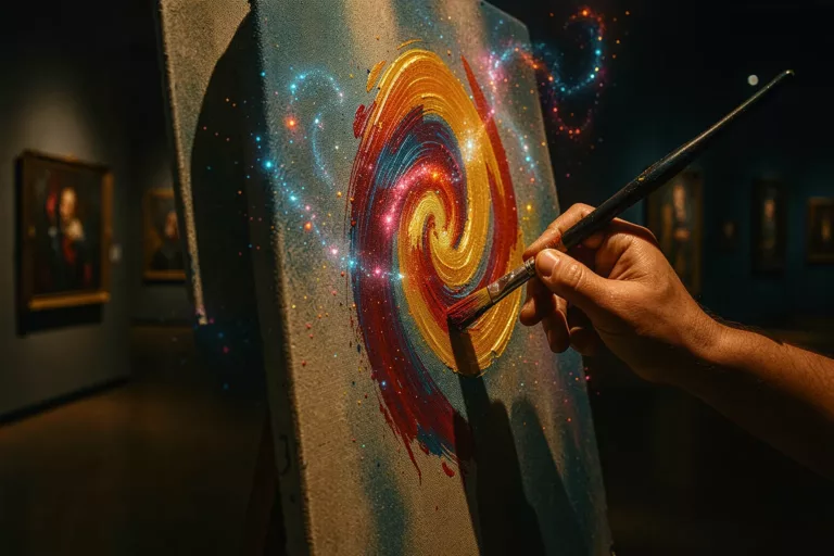A human hand painting an expressive brushstroke amid glowing AI latent-space particles in a gallery