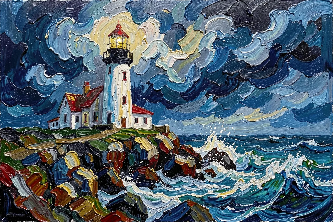 Expressive oil painting of a lighthouse, generated from a text prompt