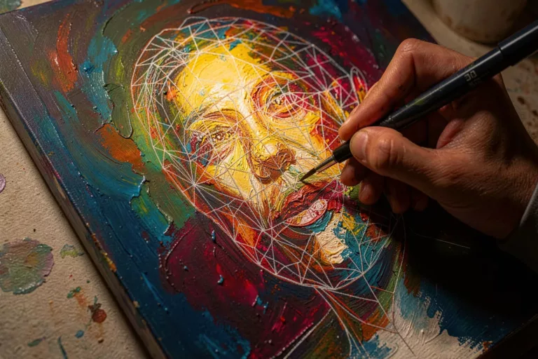 Artist's hand sketching composition lines over a half-rendered luminous AI painting