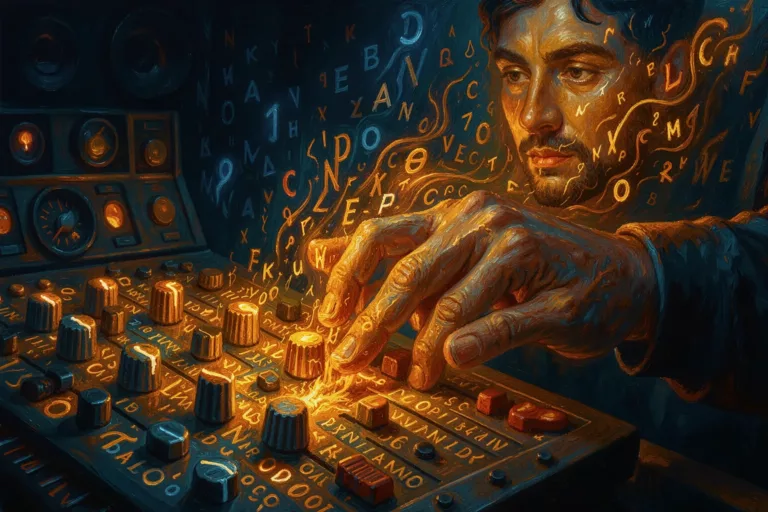 Hand adjusting glowing word-faders on a mixing desk that shapes a painterly portrait