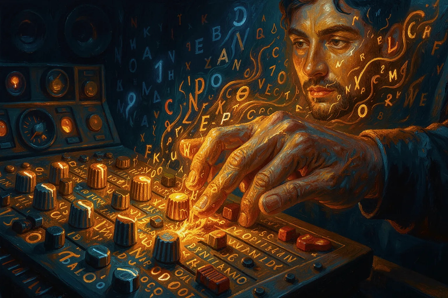 Hand adjusting glowing word-faders on a mixing desk that shapes a painterly portrait