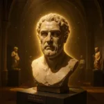 Ancient marble bust glowing as it awakens to speak in a museum gallery