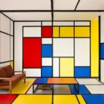 De Stijl Neo-Plastic interior with red, yellow, and blue blocks framed by black lines