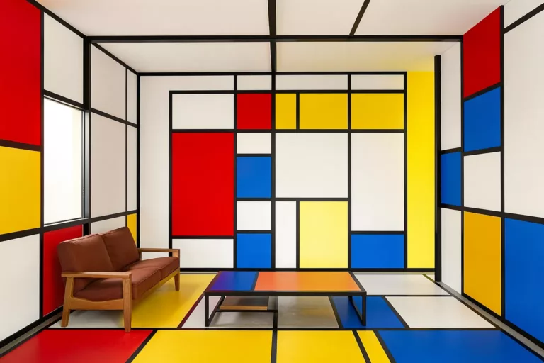 De Stijl Neo-Plastic interior with red, yellow, and blue blocks framed by black lines