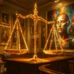 Courtroom fused with an art gallery, scales of justice made of light before an AI painting