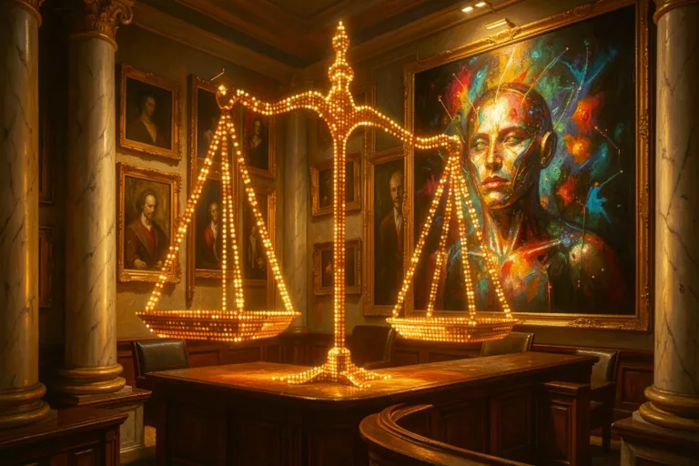 Courtroom fused with an art gallery, scales of justice made of light before an AI painting