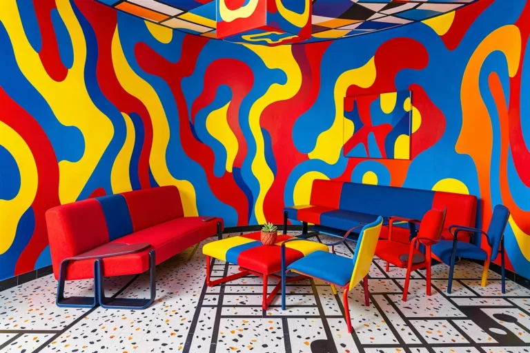 Memphis Milano design interior reimagined by AI with bold primary colors and geometric patterns