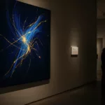 Contemporary museum gallery with a glowing generative artwork and a small AI-disclosure wall label