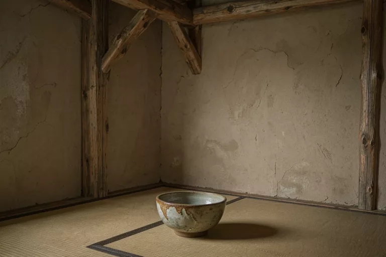 Wabi-sabi Japanese minimalist tea room with weathered wood and soft light