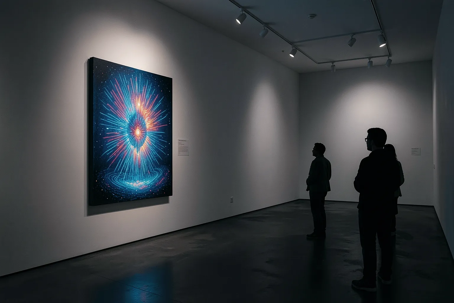 AI-generated canvas glowing in a contemporary gallery