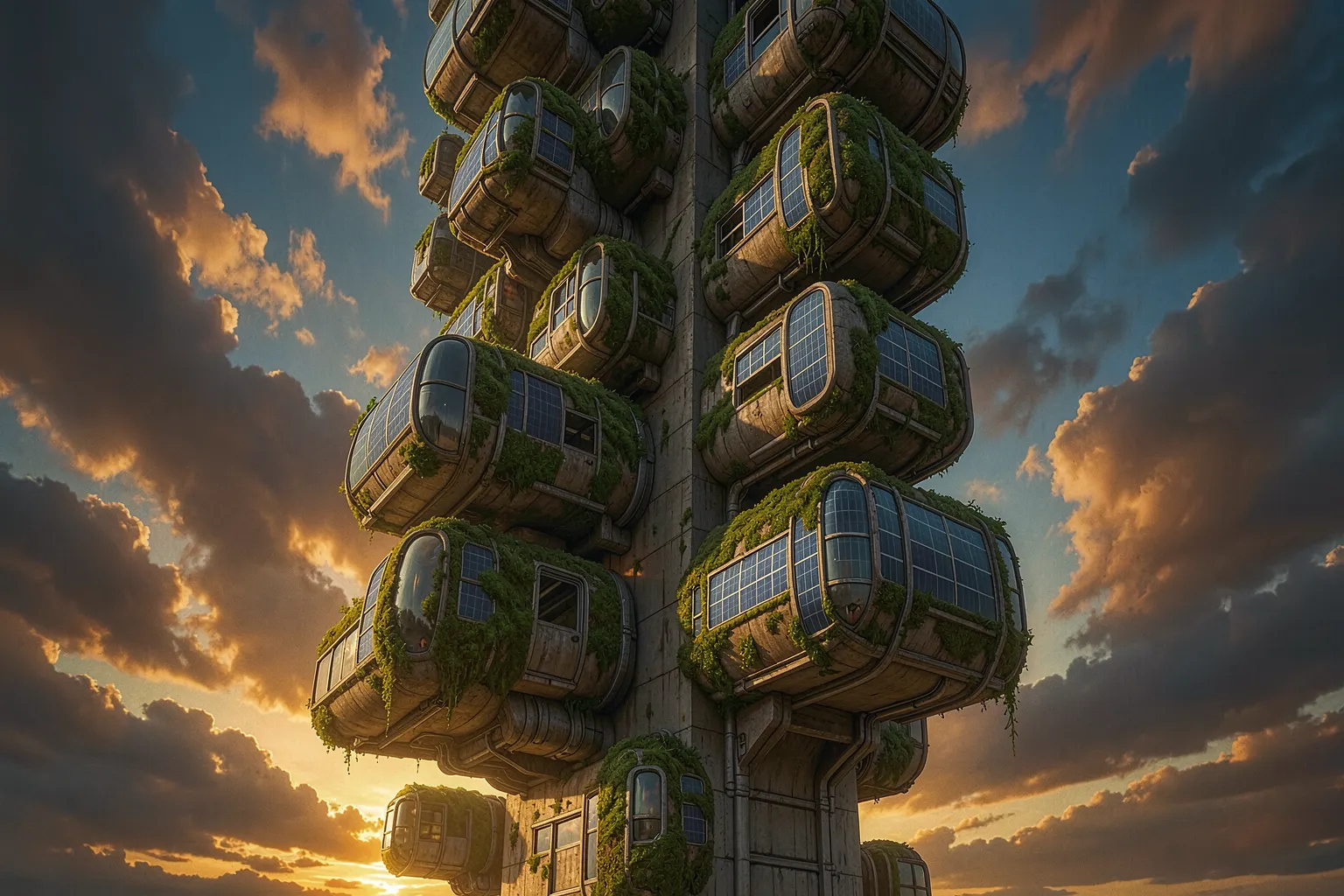 AI-reimagined Japanese Metabolism capsule megastructure with modular pods