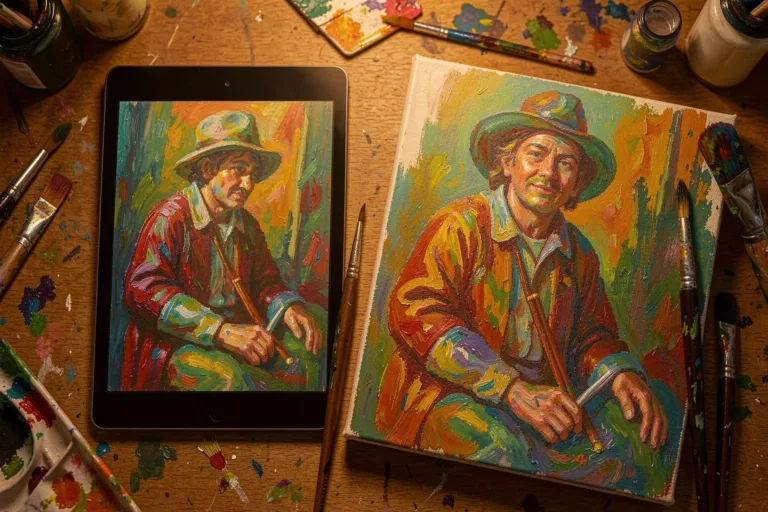 An artist's desk with a reference painting on a tablet beside a matching AI-generated canvas