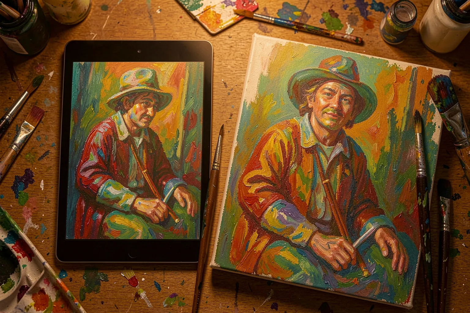 An artist's desk with a reference painting on a tablet beside a matching AI-generated canvas