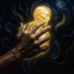 A hand chiseling a glowing figure of light out of dark noise, symbol of shaping AI art by subtraction