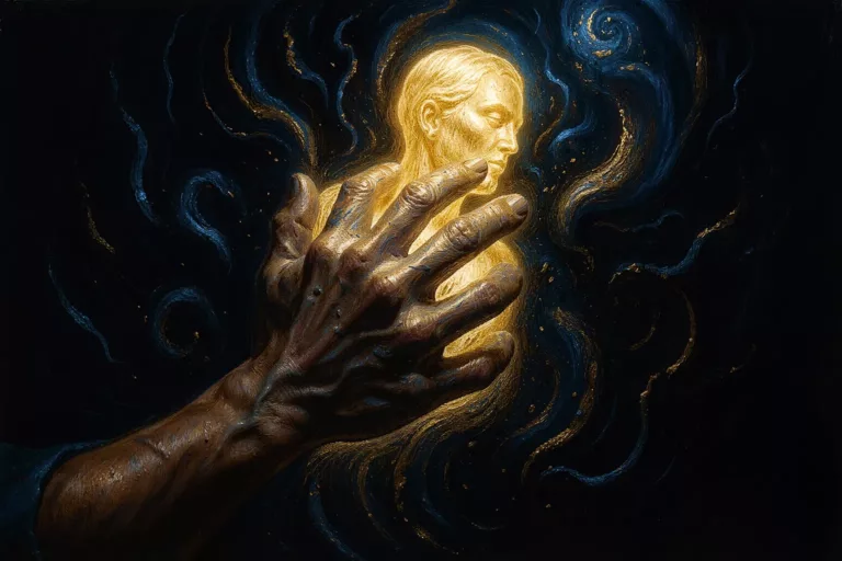 A hand chiseling a glowing figure of light out of dark noise, symbol of shaping AI art by subtraction