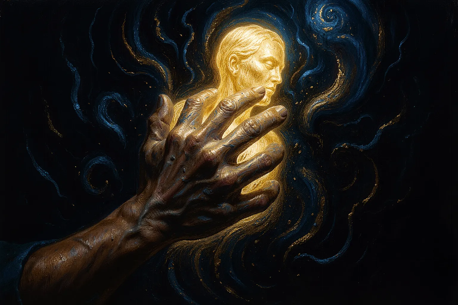 A hand chiseling a glowing figure of light out of dark noise, symbol of shaping AI art by subtraction