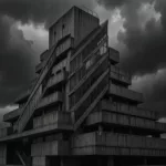 AI rendering of a monumental Futurist concrete tower with external diagonal elevators, in the spirit of Sant'Elia