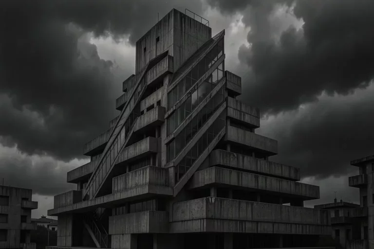 AI rendering of a monumental Futurist concrete tower with external diagonal elevators, in the spirit of Sant'Elia
