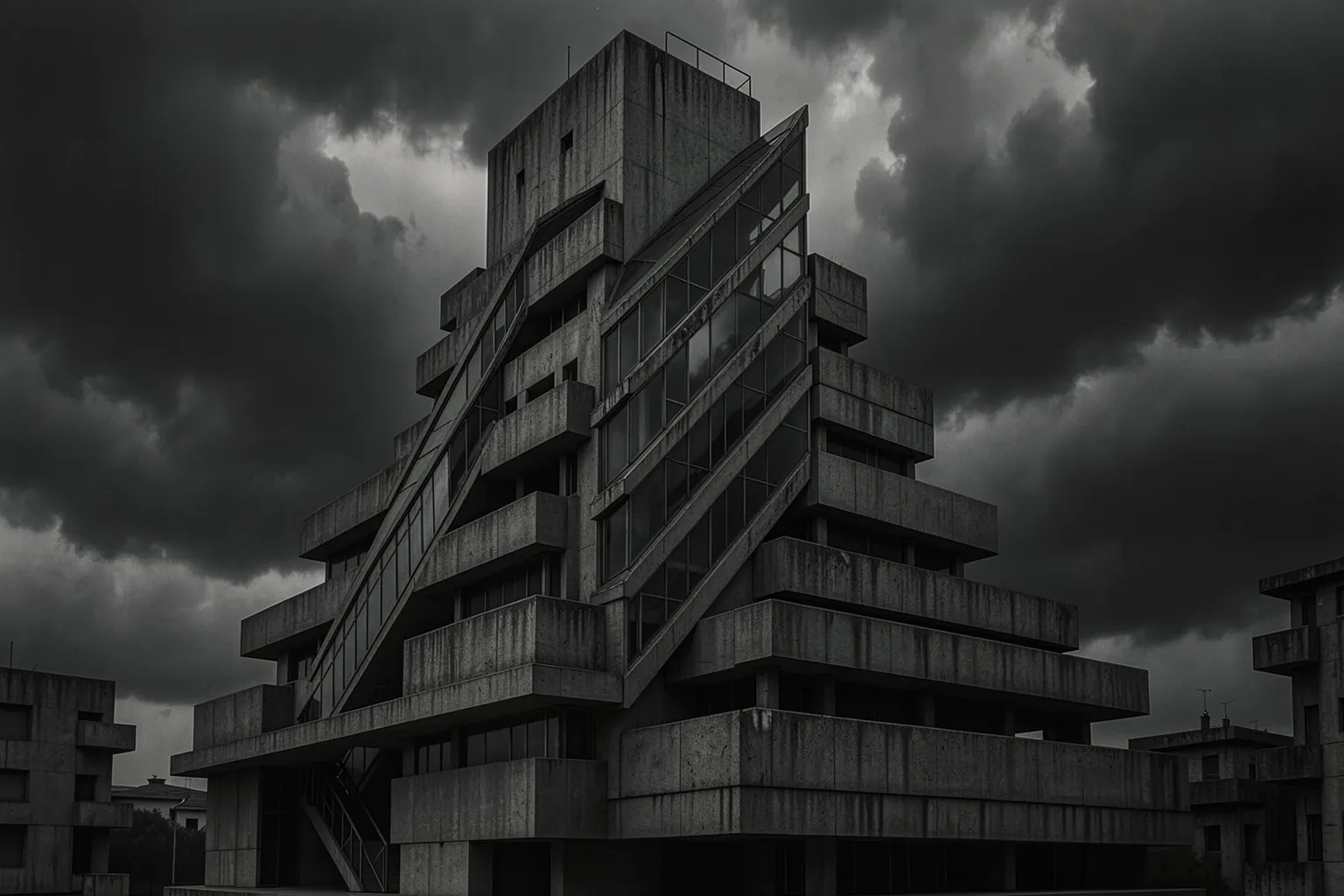 AI rendering of a monumental Futurist concrete tower with external diagonal elevators, in the spirit of Sant'Elia