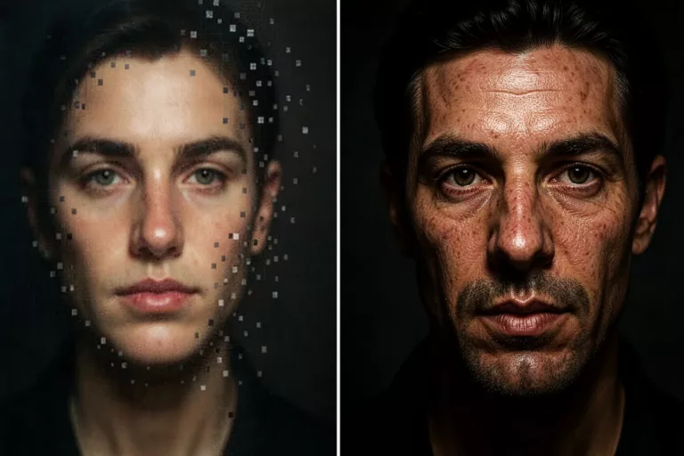 Soft AI portrait transformed into a sharp, print-ready image by upscaling