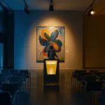 Contemporary art auction house evening sale with a spotlit abstract painting
