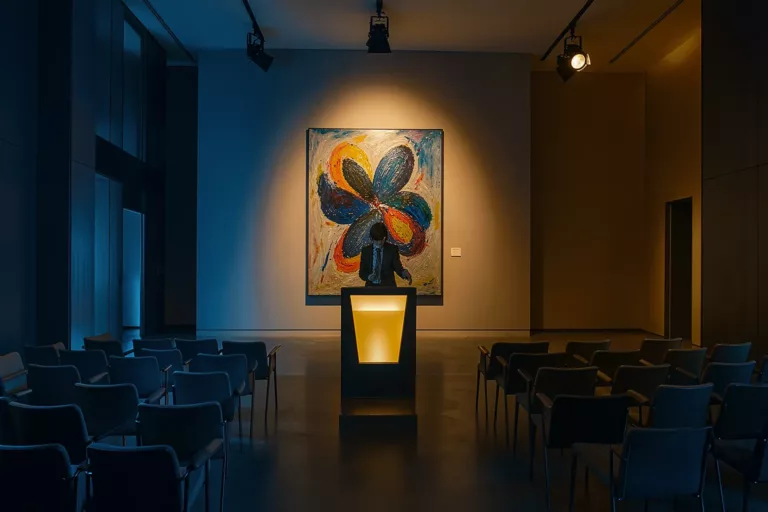 Contemporary art auction house evening sale with a spotlit abstract painting