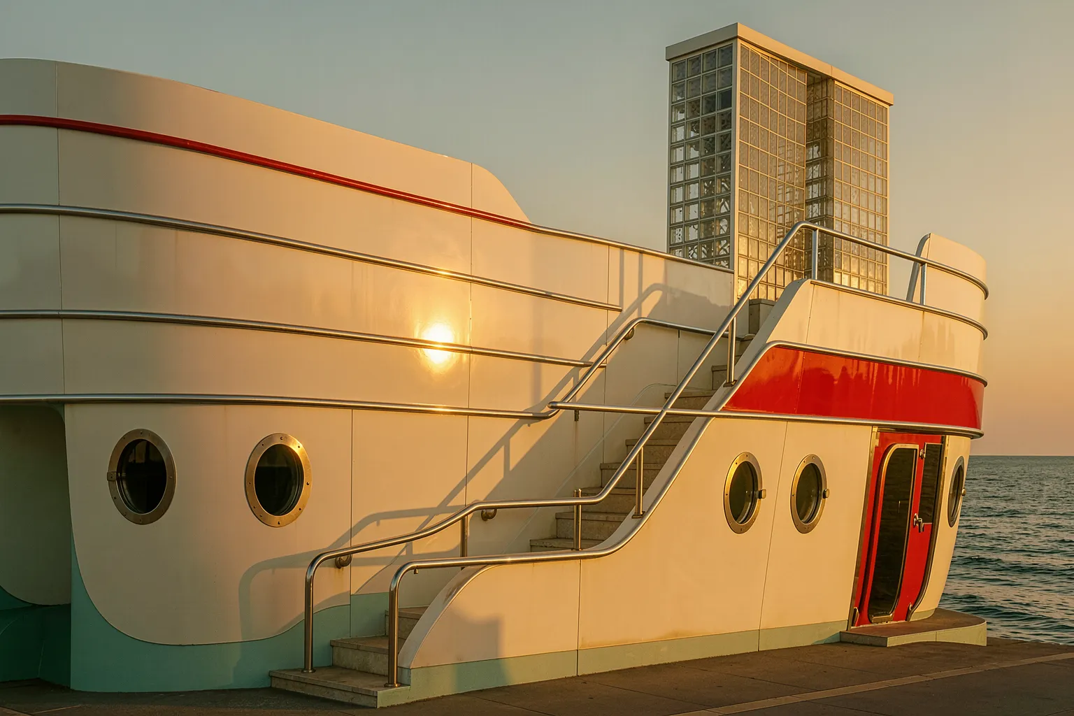 Streamline Moderne seafront pavilion with curved white facade at golden hour