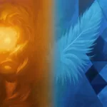 A wide canvas split into a warm painterly left zone and a cool geometric right zone, blended at a feathered seam