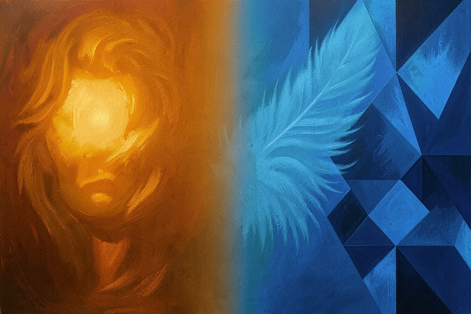 A wide canvas split into a warm painterly left zone and a cool geometric right zone, blended at a feathered seam