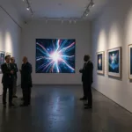 Contemporary gallery interior with a generative art screen work and framed AI prints in a solo exhibition