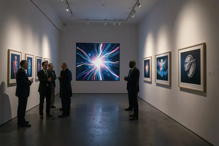 Contemporary gallery interior with a generative art screen work and framed AI prints in a solo exhibition